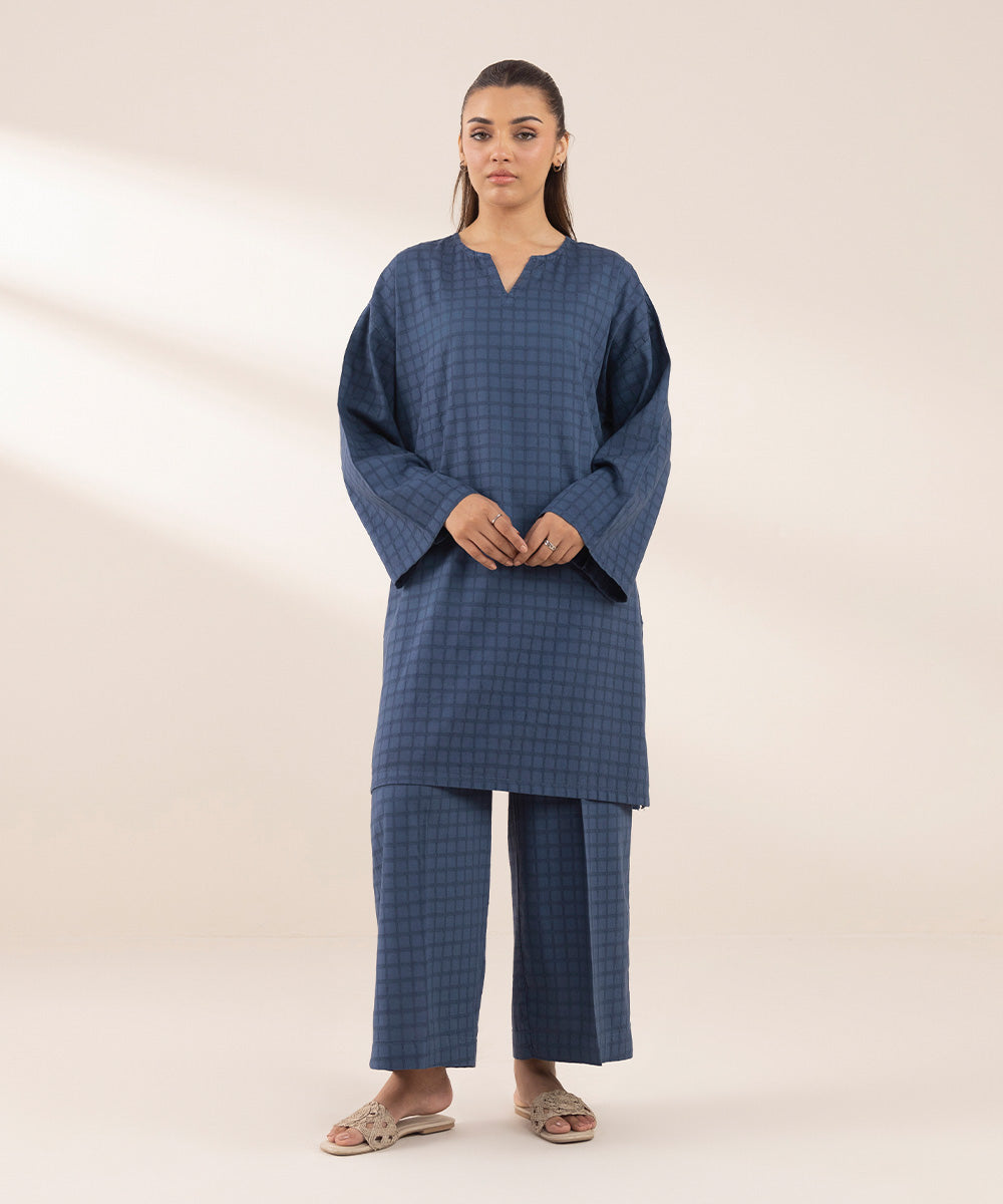 Women's RTW Dobby Blue Solid Boxy Shirt