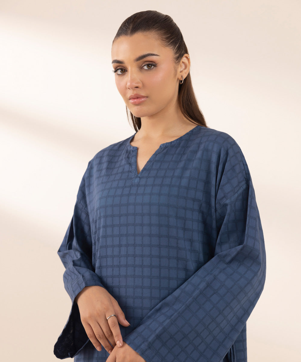 Women's RTW Dobby Blue Solid Boxy Shirt