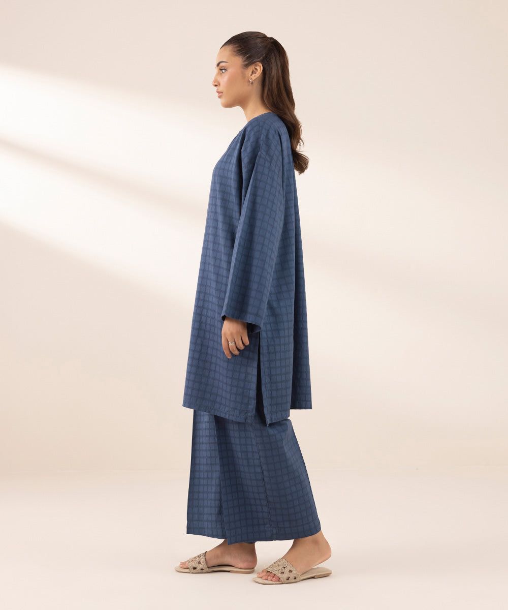 Women's RTW Dobby Blue Solid Boxy Shirt