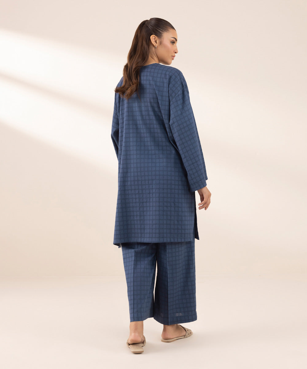 Women's RTW Dobby Blue Solid Boxy Shirt