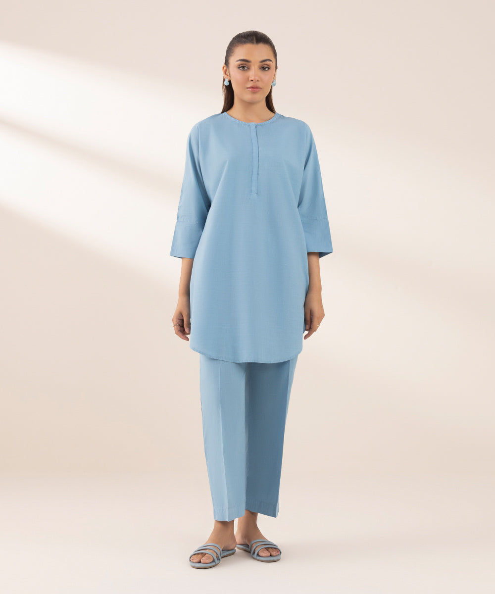 Women's RTW Cross Hatch Blue Solid Boxy Shirt