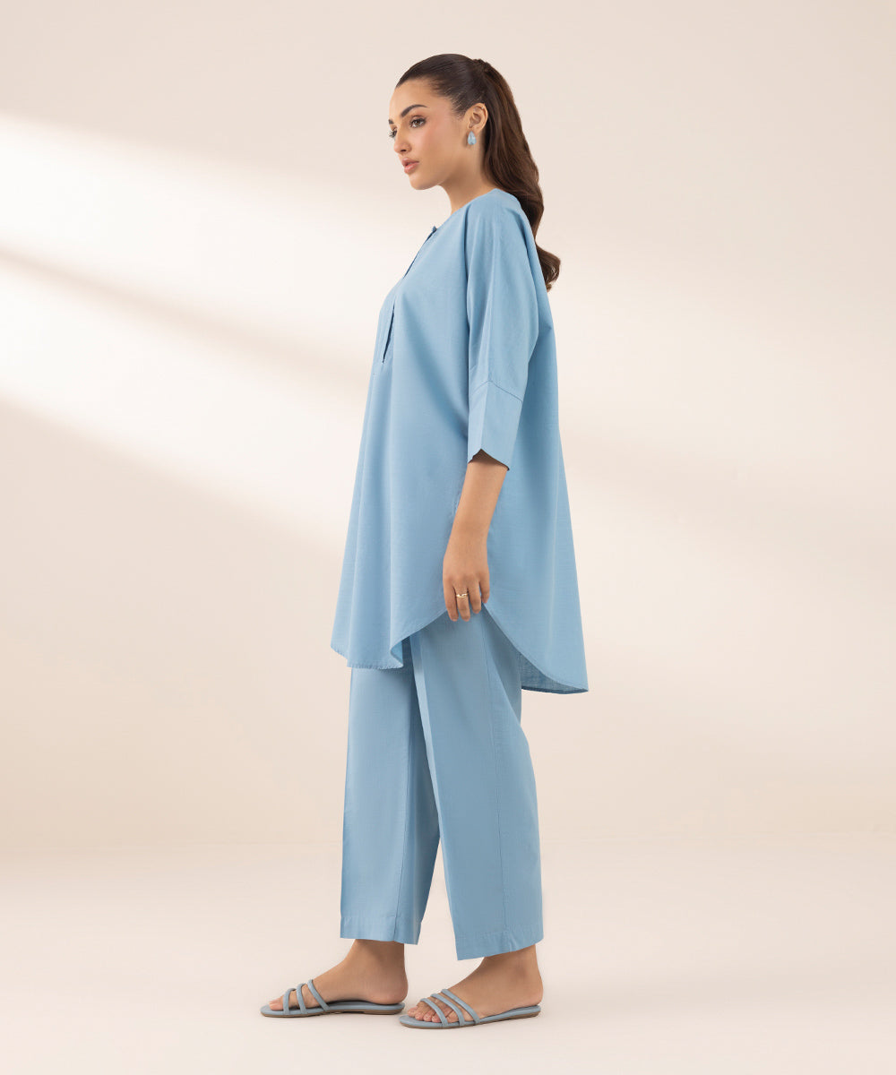 Women's RTW Cross Hatch Blue Solid Boxy Shirt