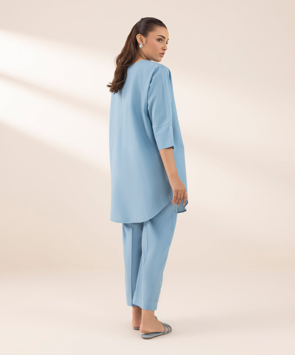 Women's RTW Cross Hatch Blue Solid Boxy Shirt