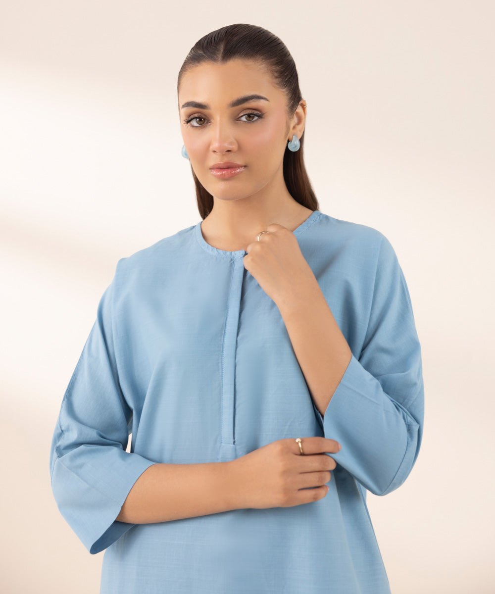 Women's RTW Cross Hatch Blue Solid Boxy Shirt