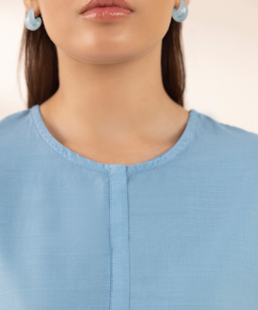 Women's RTW Cross Hatch Blue Solid Boxy Shirt
