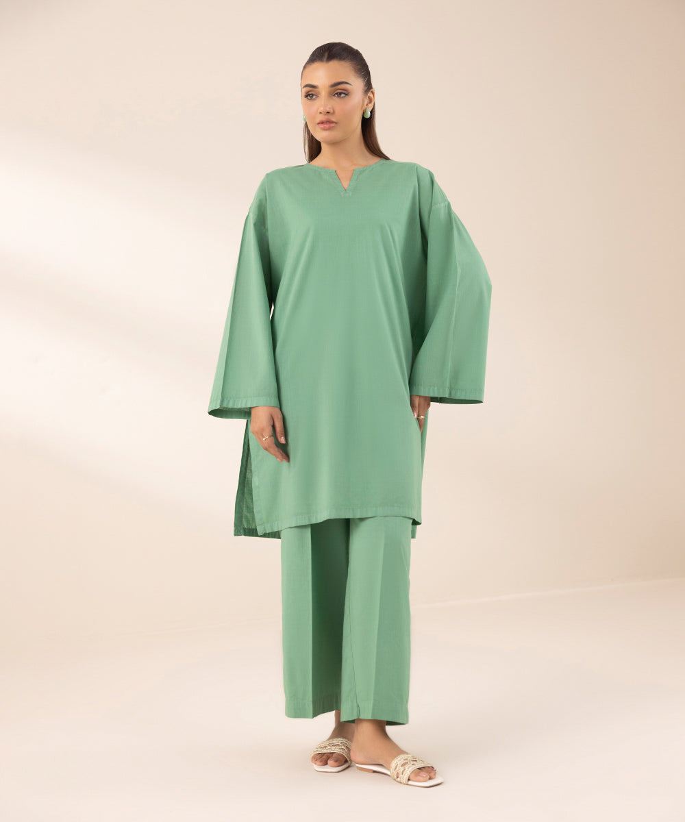 Women's RTW Cross Hatch Green Solid Boxy Shirt