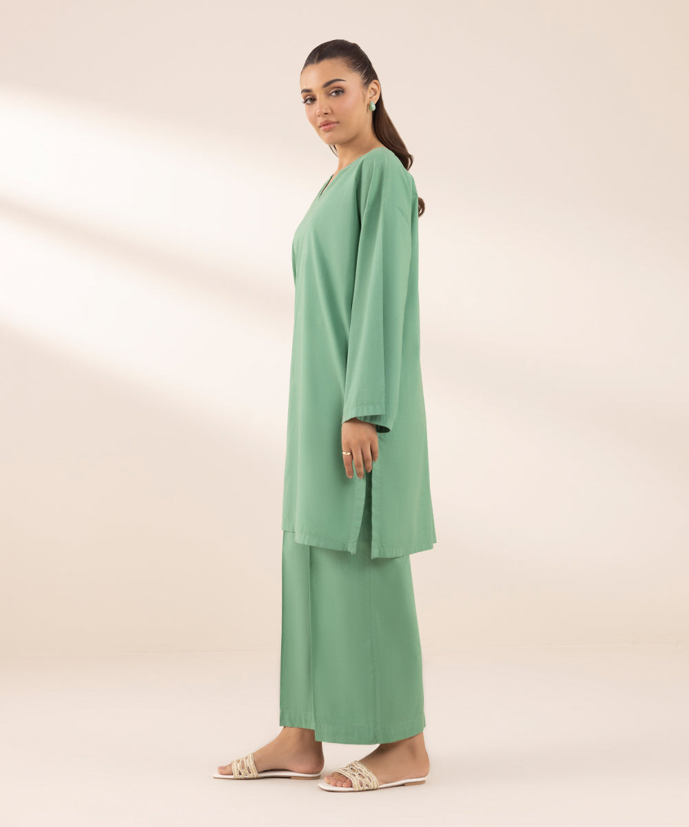 Women's RTW Cross Hatch Green Solid Boxy Shirt