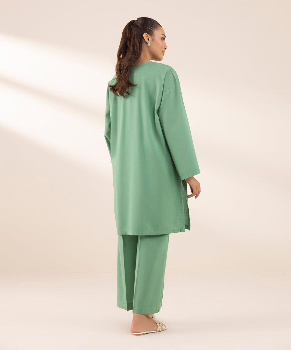 Women's RTW Cross Hatch Green Solid Boxy Shirt