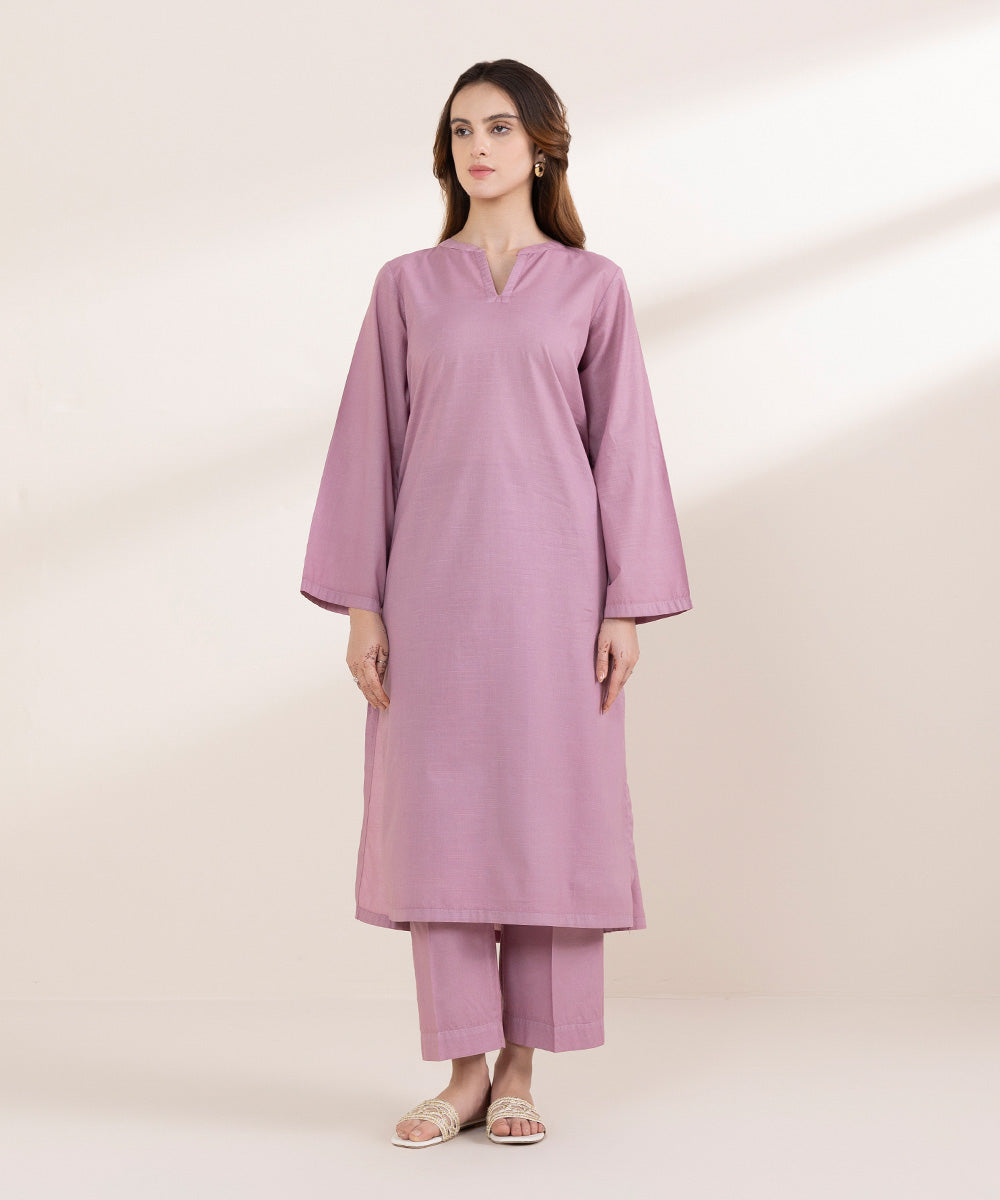 Women's RTW Textured Lawn Purple Solid A-Line Shirt