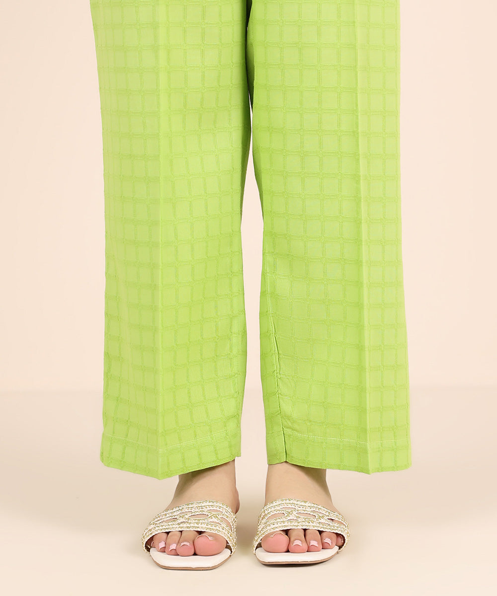 Women's RTW Textured Cotton Green Solid Straight Pants