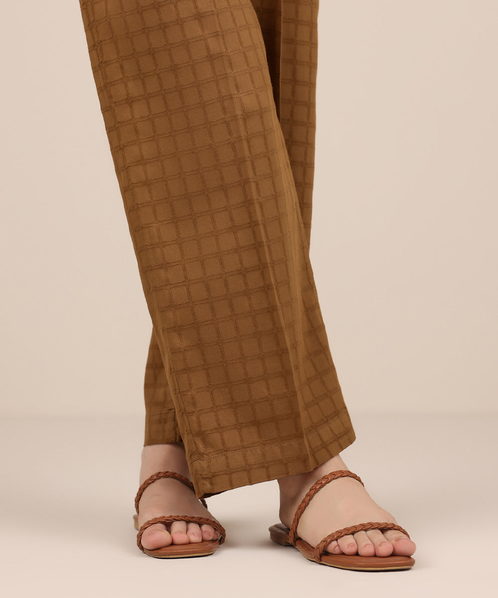 Women's RTW Textured Cotton Brown Solid Straight Pants