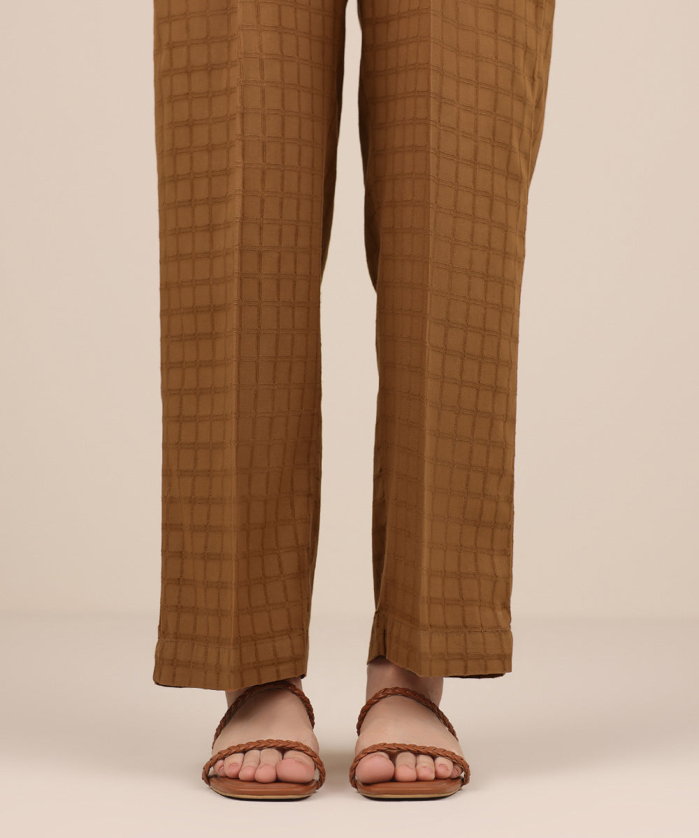 Women's RTW Textured Cotton Brown Solid Straight Pants
