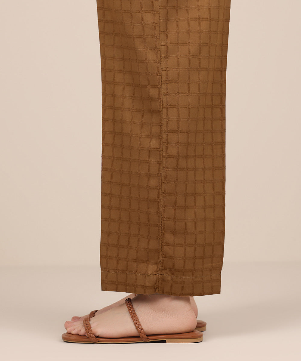 Women's RTW Textured Cotton Brown Solid Straight Pants