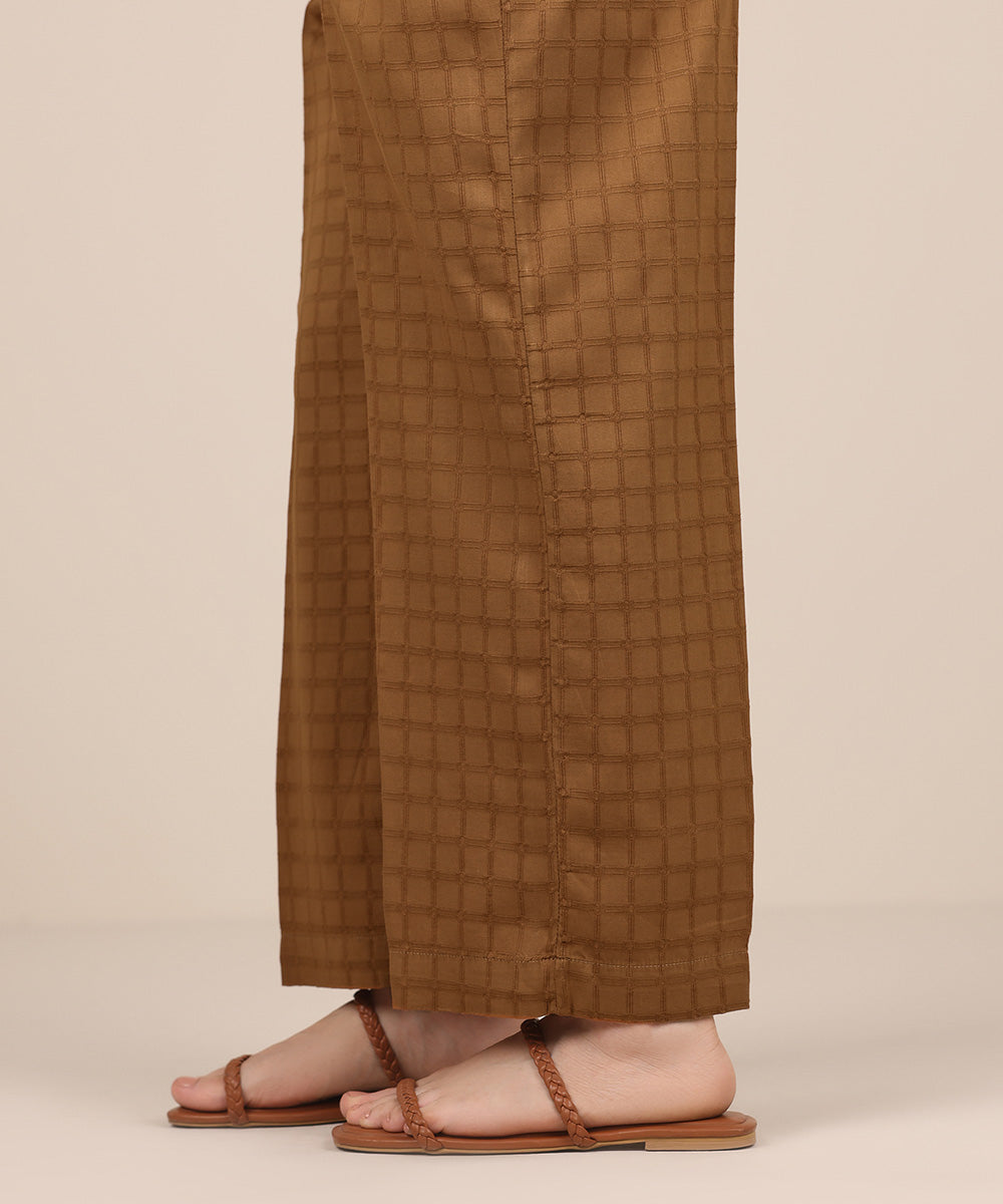 Women's RTW Textured Cotton Brown Solid Straight Pants
