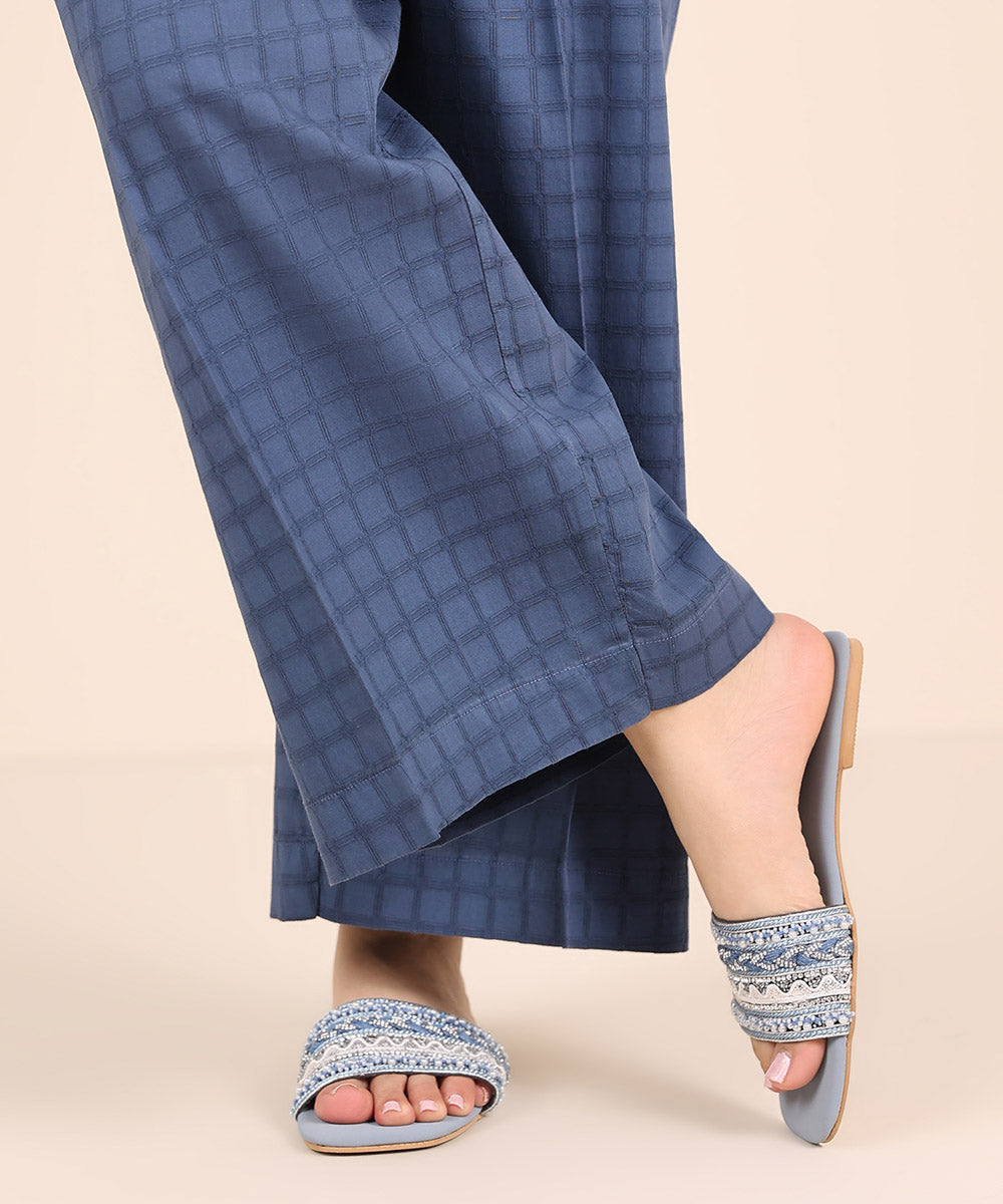 Women's RTW Textured Cotton Blue Solid Culottes