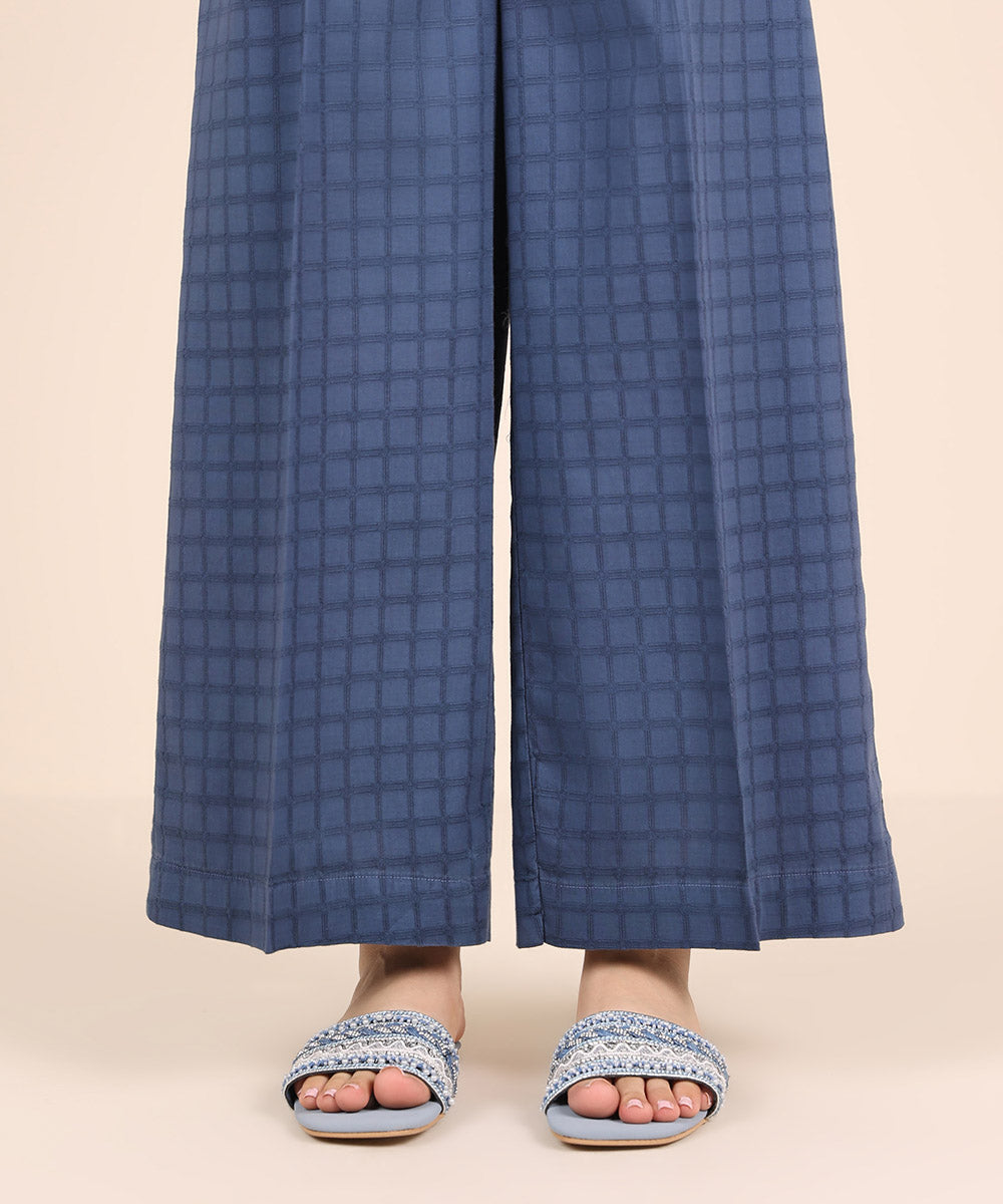 Women's RTW Textured Cotton Blue Solid Culottes