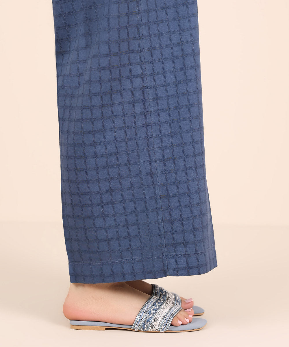 Women's RTW Textured Cotton Blue Solid Culottes