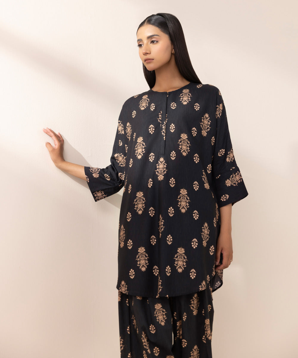 Women's Pret Arabic Lawn Black Printed Drop Shoulder Shirt