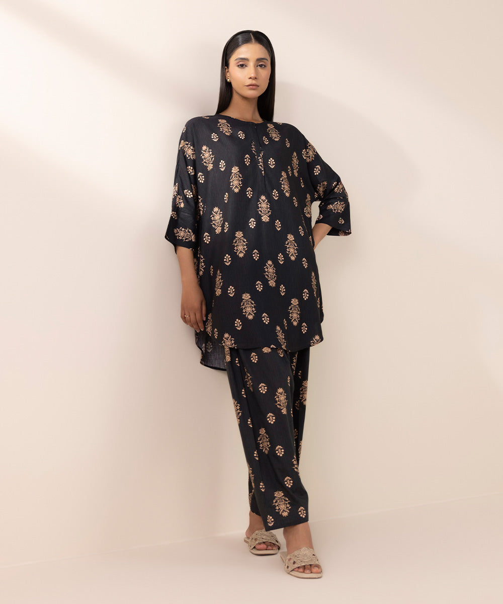 Women's Pret Arabic Lawn Black Printed Drop Shoulder Shirt