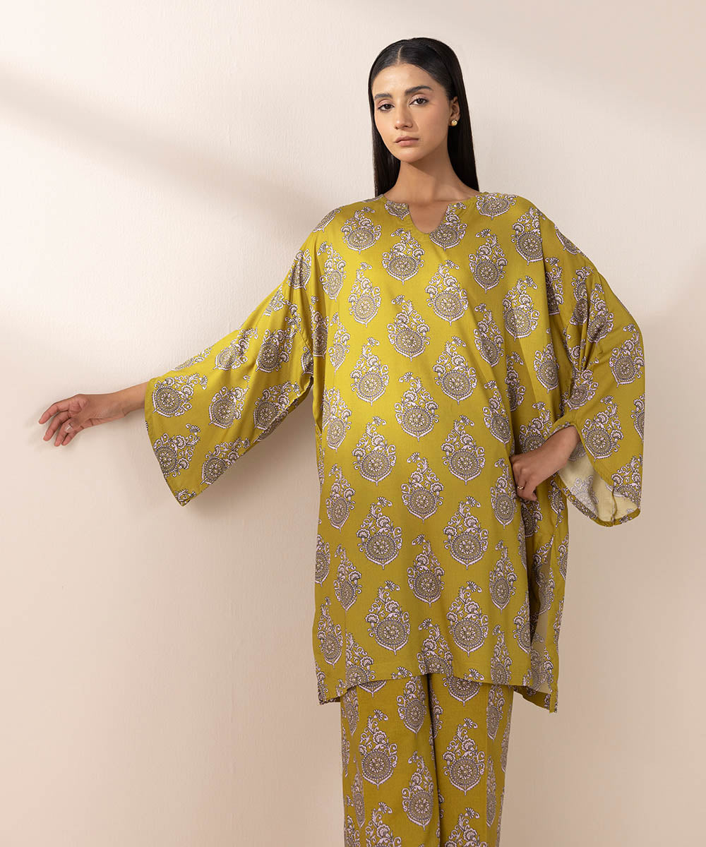 Women's Pret Arabic Lawn Green Printed Drop Shoulder Shirt