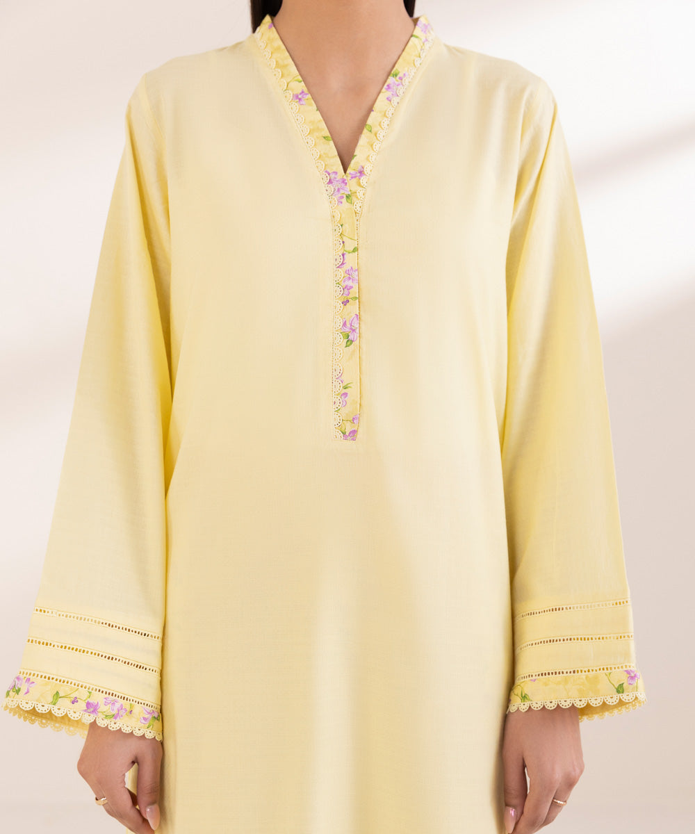 Women's Pret Dobby Yellow Solid A-Line Shirt