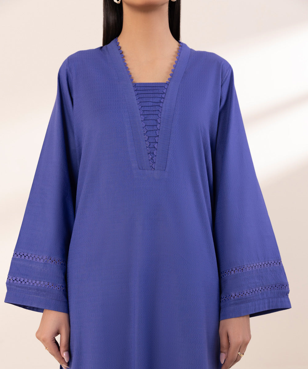 Women's Pret Arabic Dobby Blue Solid A-Line Shirt