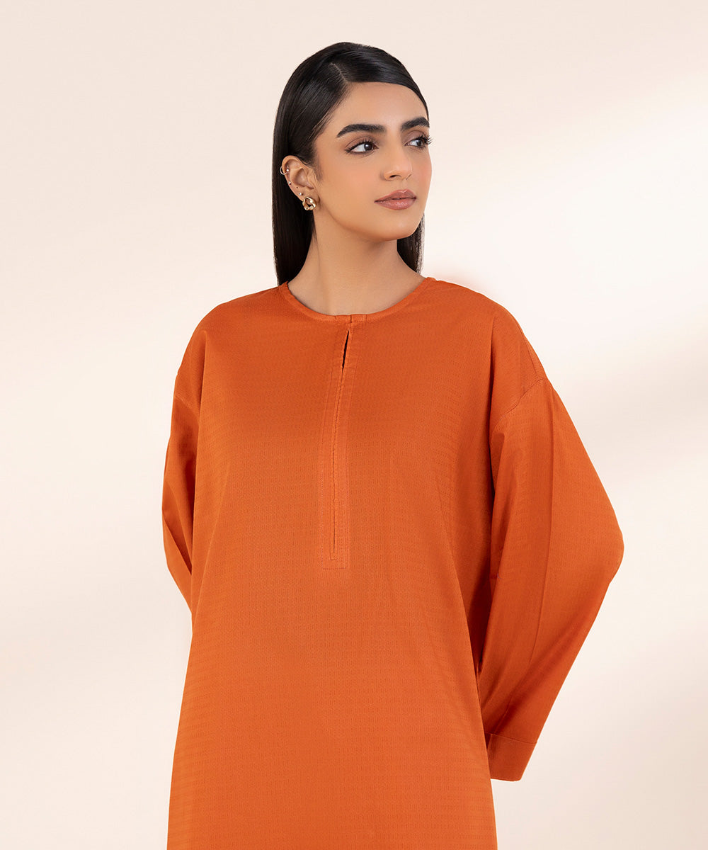 Women's Pret Dobby Orange Solid A-Line Shirt