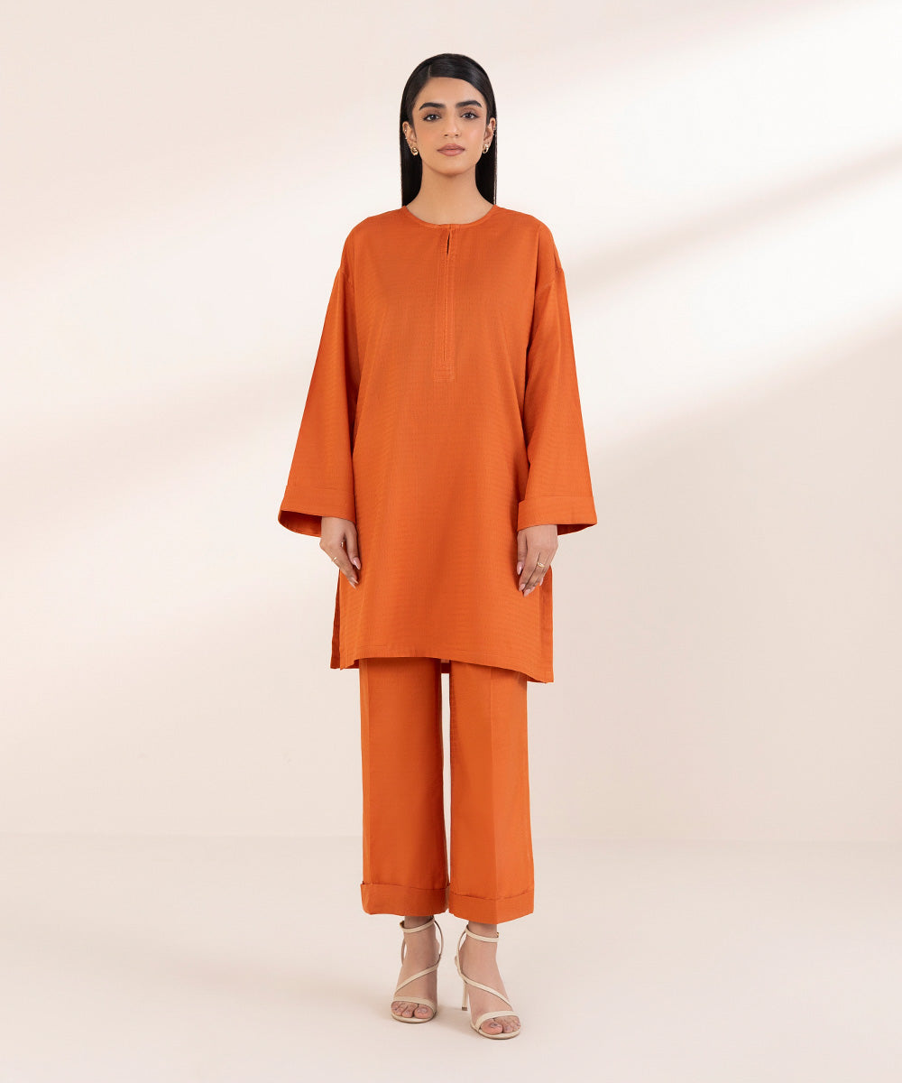 Women's Pret Dobby Orange Solid A-Line Shirt