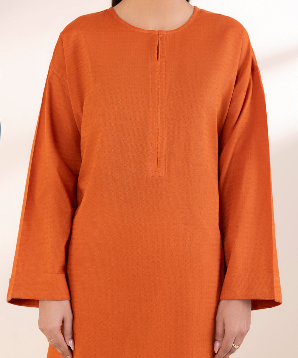 Women's Pret Dobby Orange Solid A-Line Shirt