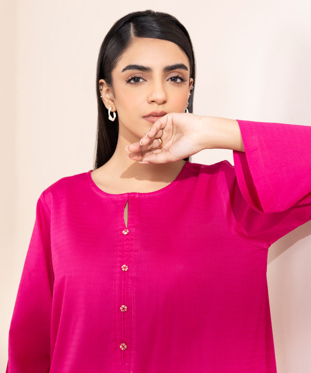 Women's Pret Dobby Pink Solid A-Line Shirt