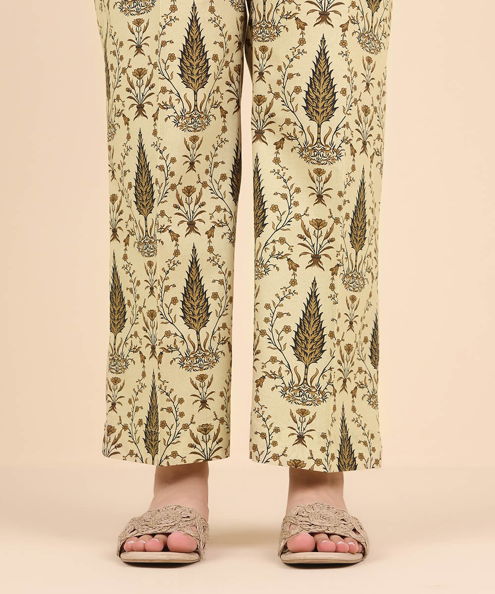 Women's Pret Cambric Beige Printed Straight Pants