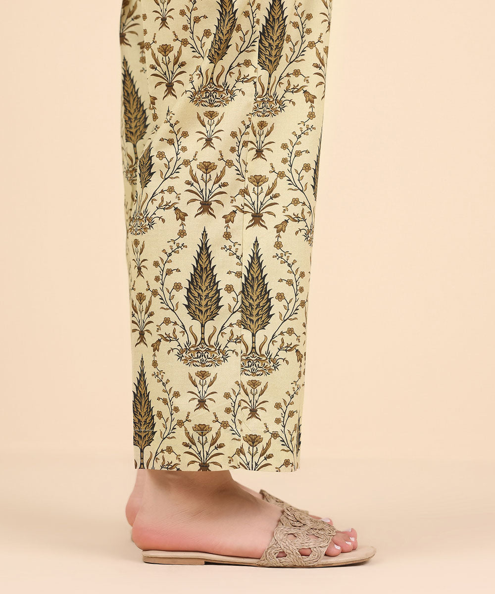 Women's Pret Cambric Beige Printed Straight Pants