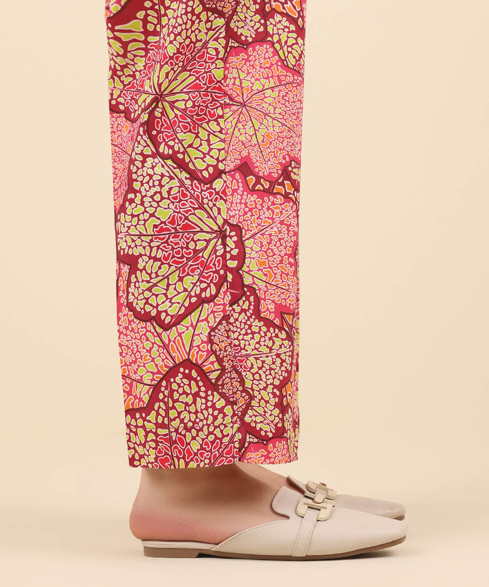 Women's Pret Cotton Viscose Pink Printed Straight Pants