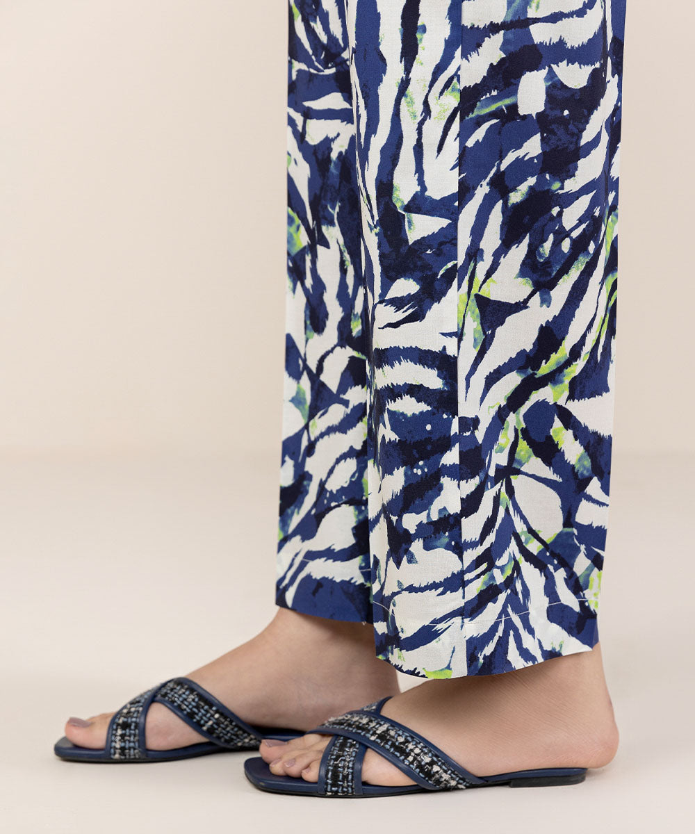 Women's Pret Cambric Blue Printed Straight Pants