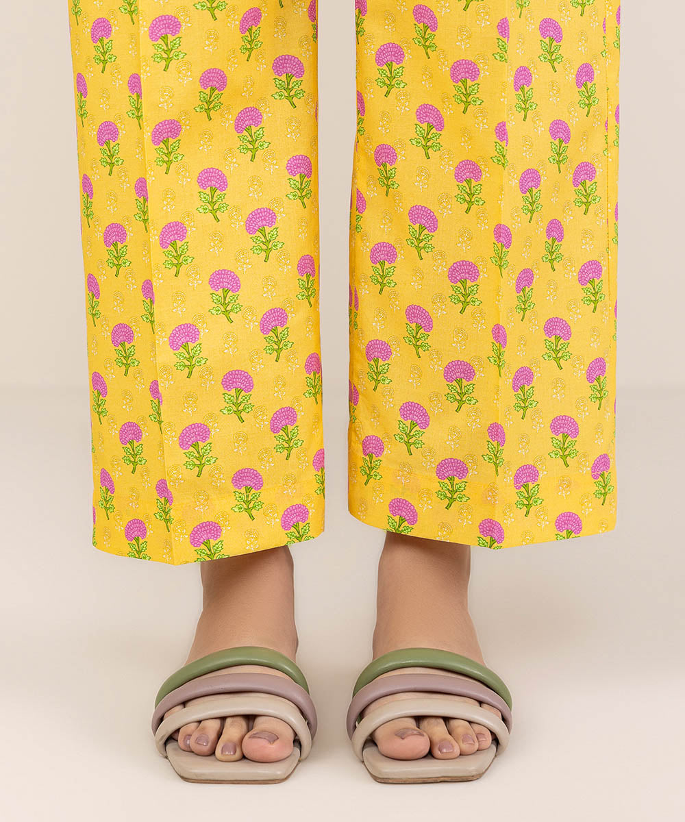 Women's Pret Cambric Yellow Printed Straight Pants