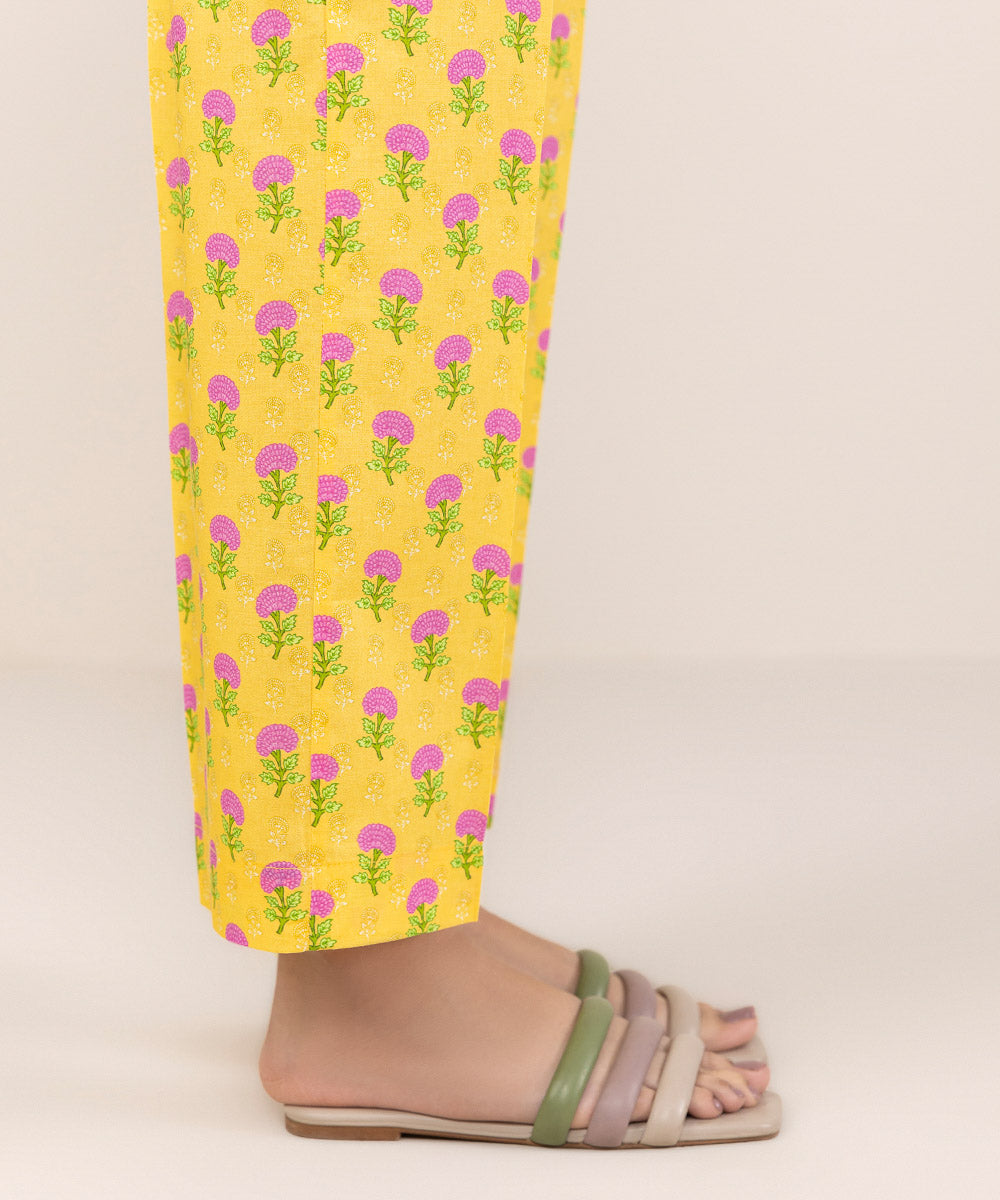 Women's Pret Cambric Yellow Printed Straight Pants