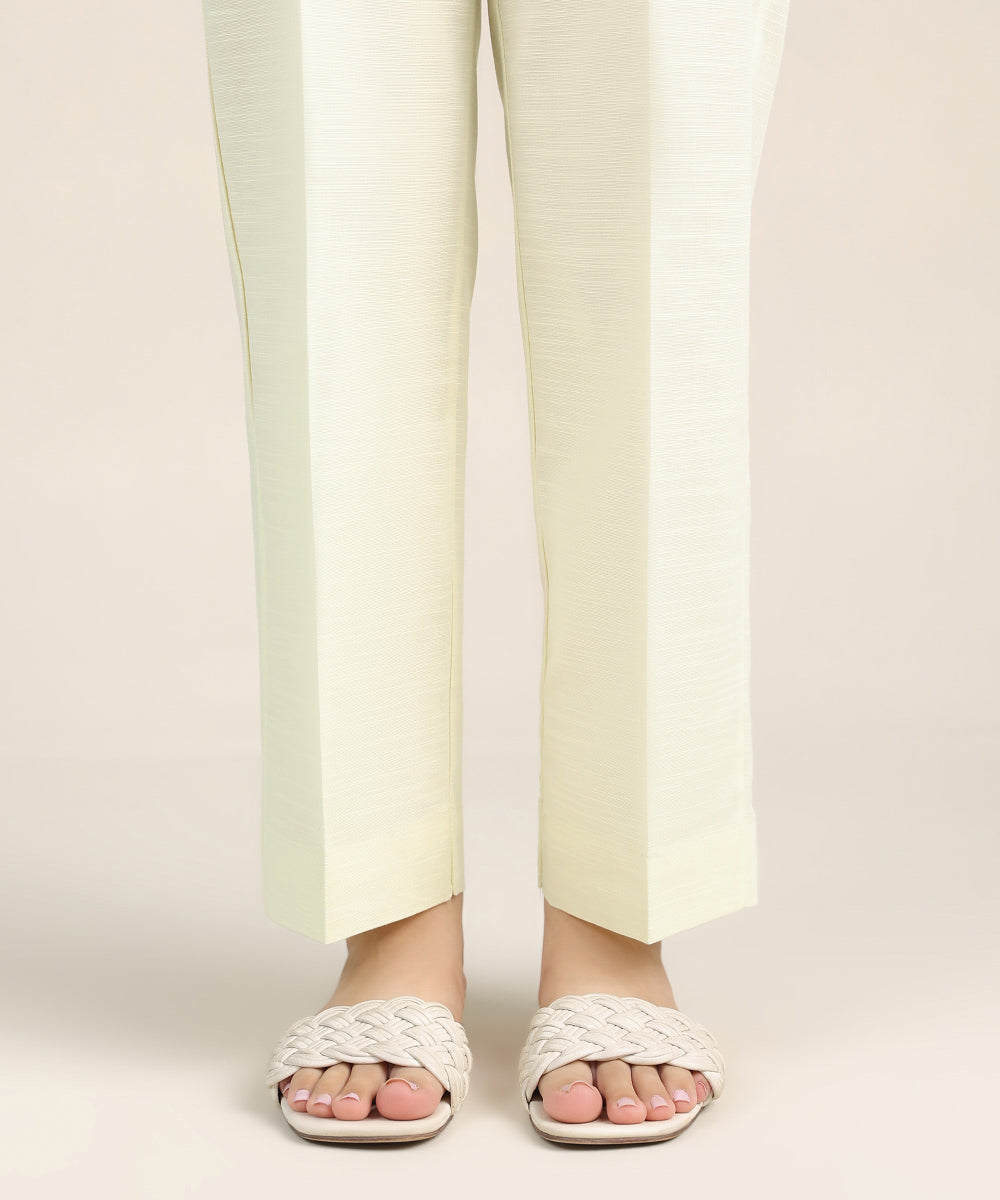 Women's Pret Cambric Off White Solid Straight Pants