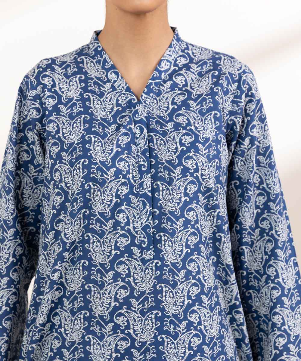 Women's Pret Cambric Navy Blue Printed A-Line Shirt