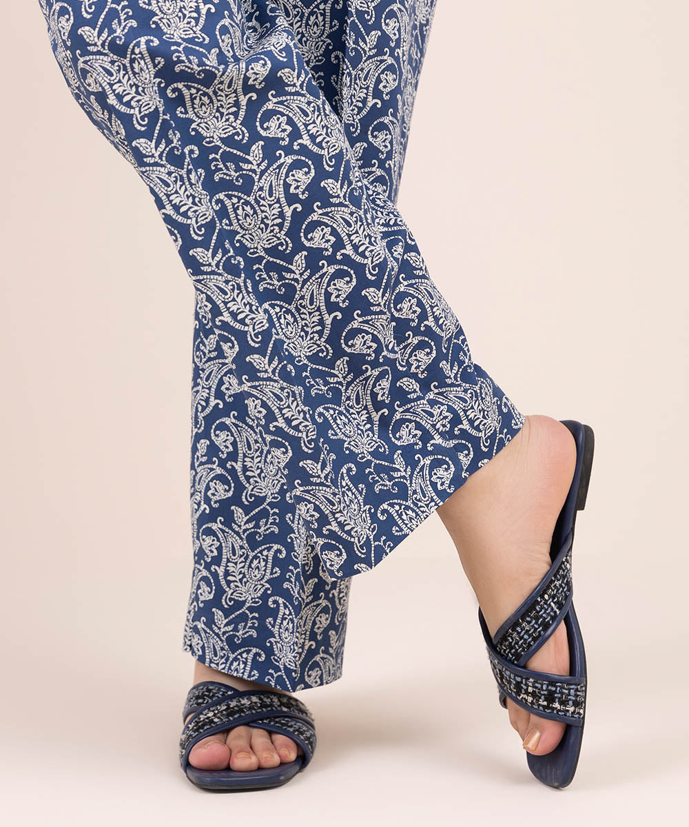 Women's Pret Cambric Navy Blue Printed Straight Pants