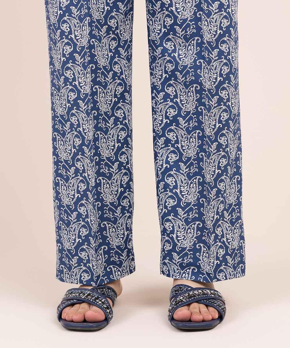 Women's Pret Cambric Navy Blue Printed Straight Pants