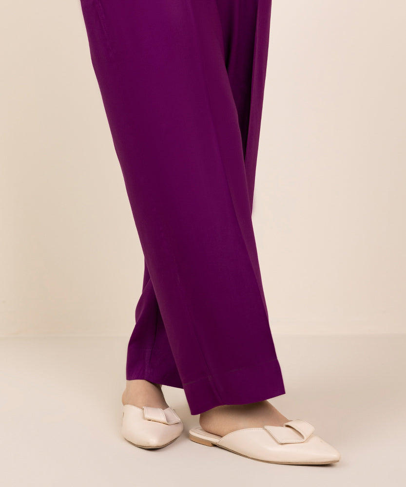 Women's Pret Purple Solid Linen Straight Pants