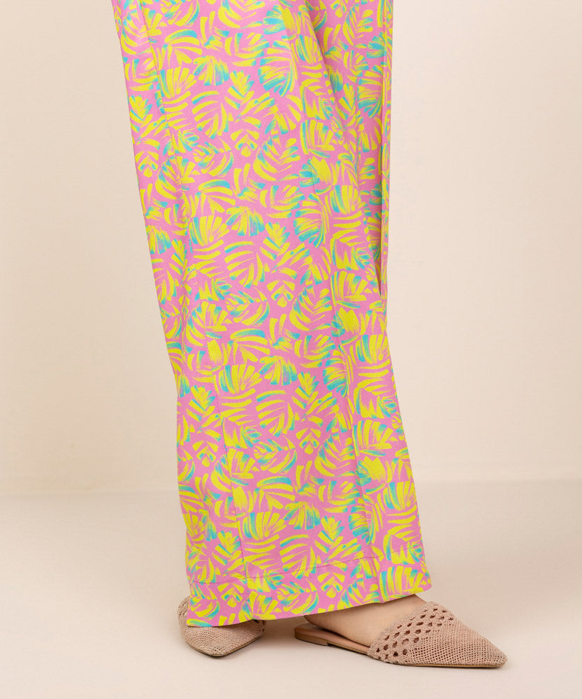 Women's Pret Bubble Gum Pink Printed Linen Straight Pants