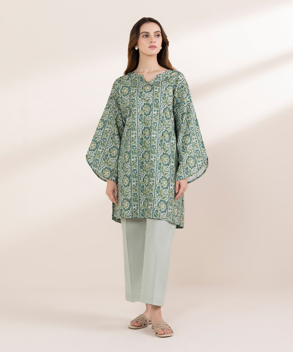 Women's RTW Lawn Green Printed Boxy Shirt