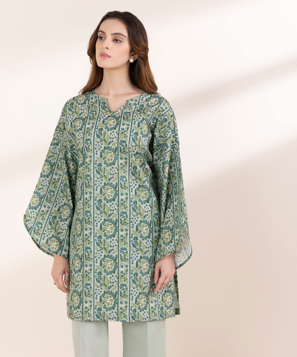 Women's RTW Lawn Green Printed Boxy Shirt