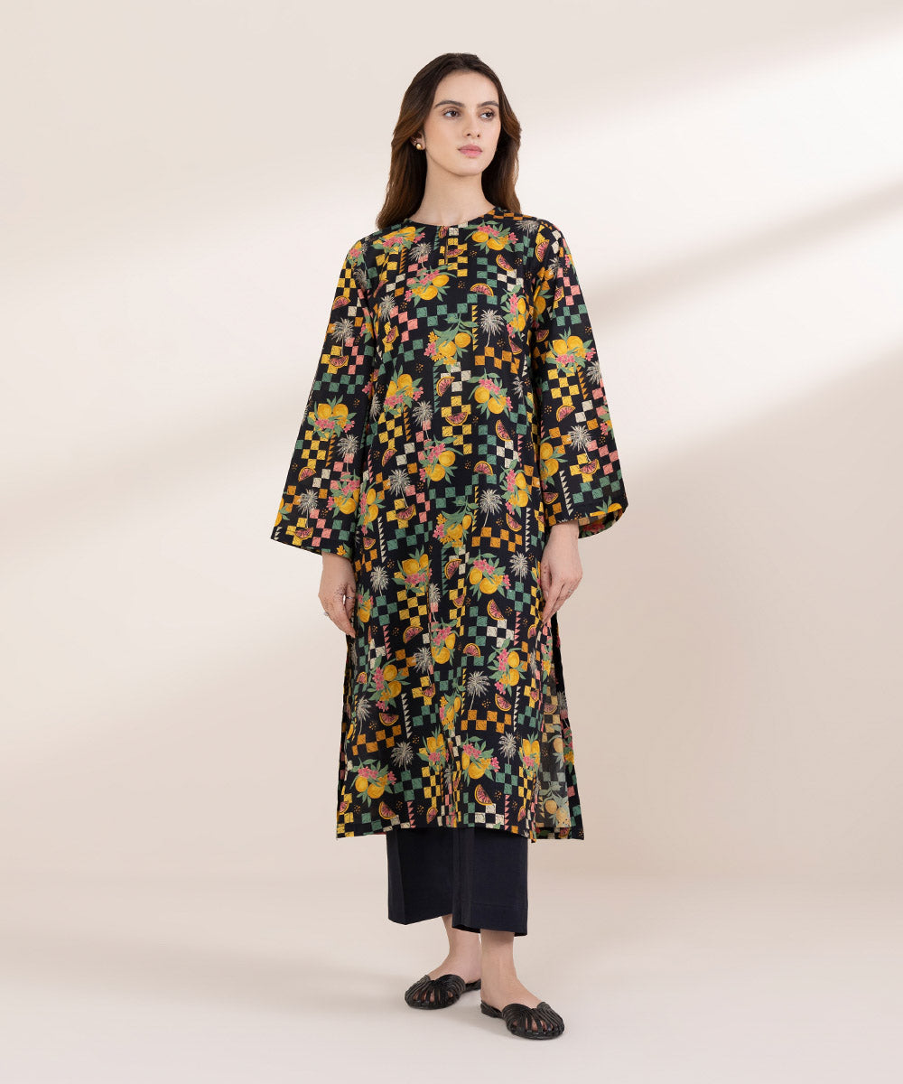 Women's RTW Lawn Black Printed A-Line Shirt