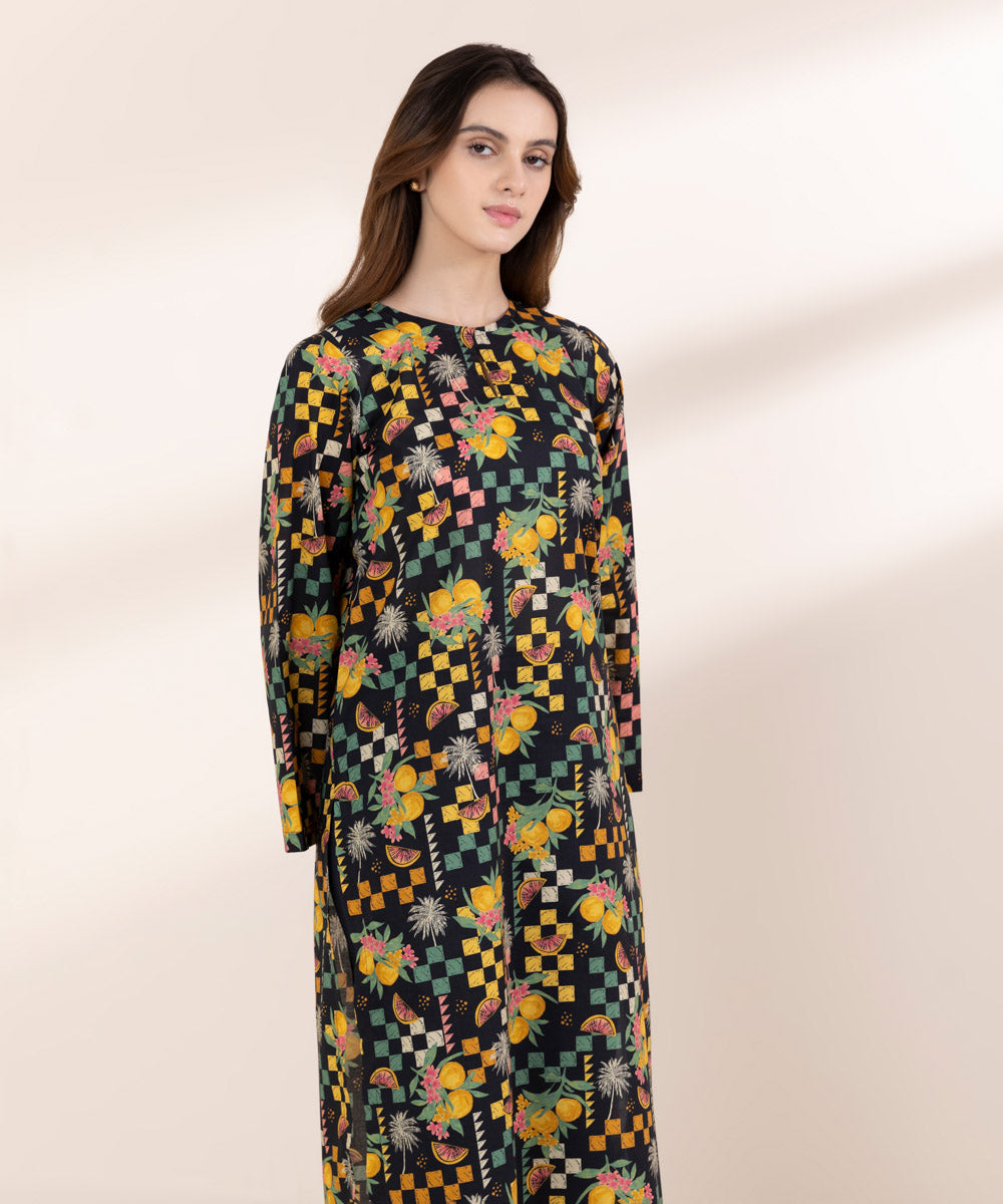 Women's RTW Lawn Black Printed A-Line Shirt