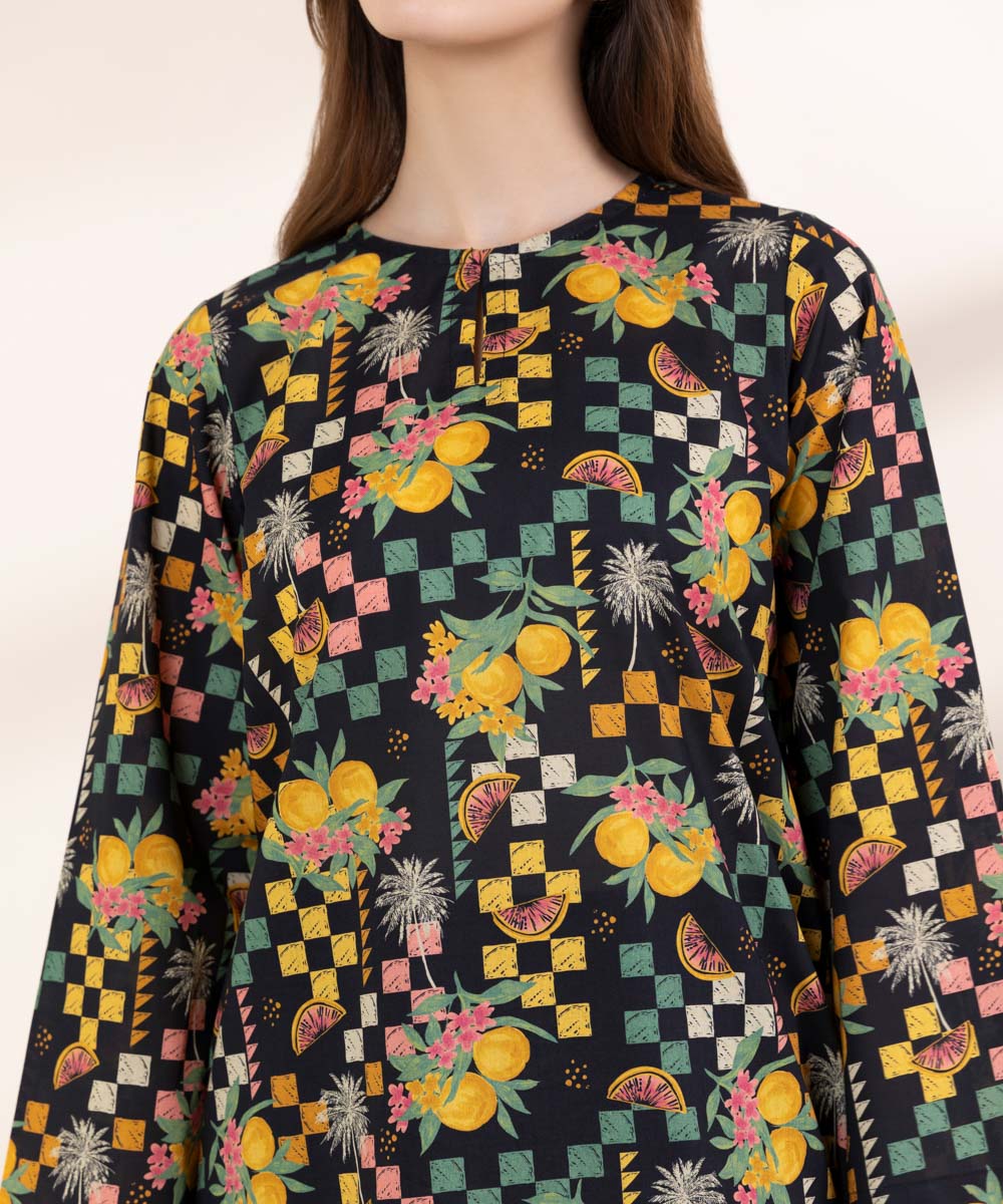 Women's RTW Lawn Black Printed A-Line Shirt