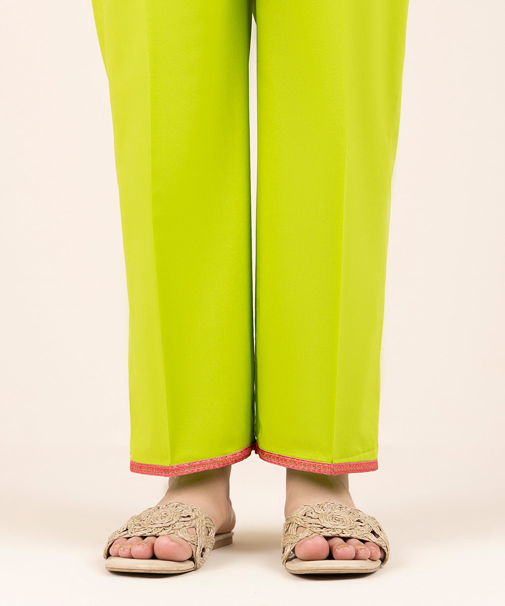 Women's Pret Cambric Green Embroidered Straight Pants