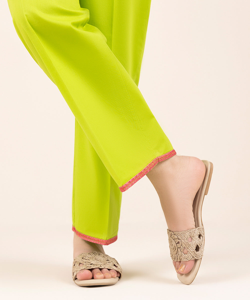 Women's Pret Cambric Green Embroidered Straight Pants