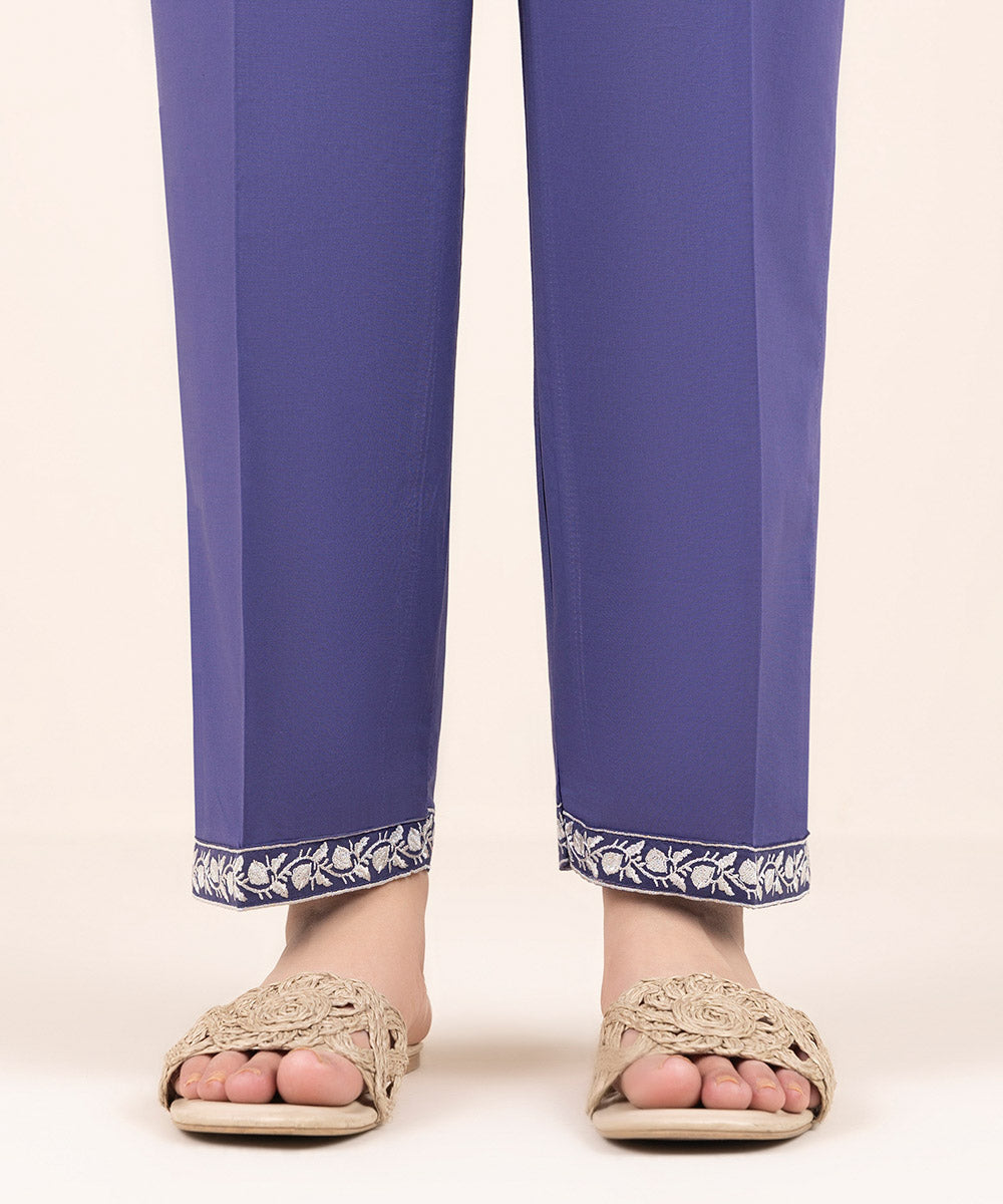 Women's Pret Cambric Purple Embroidered Straight Pants